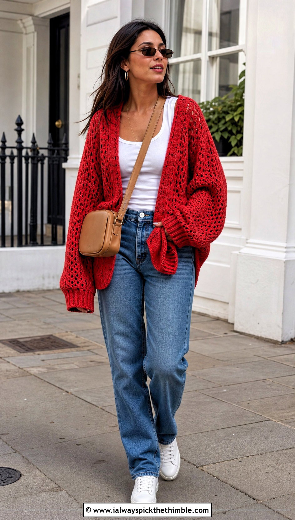 Oversized Red Open Stitch Crochet Sweater With Straight Leg Jeans - 25 red crochet sweater outfit ideas