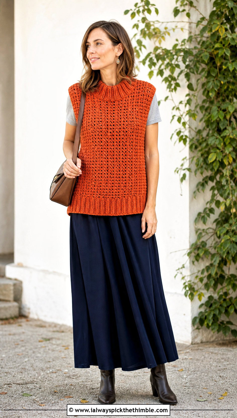 Oversized Ribbed Edge Crochet Vest With Maxi Skirt - 20 oversize crochet vest outfit ideas