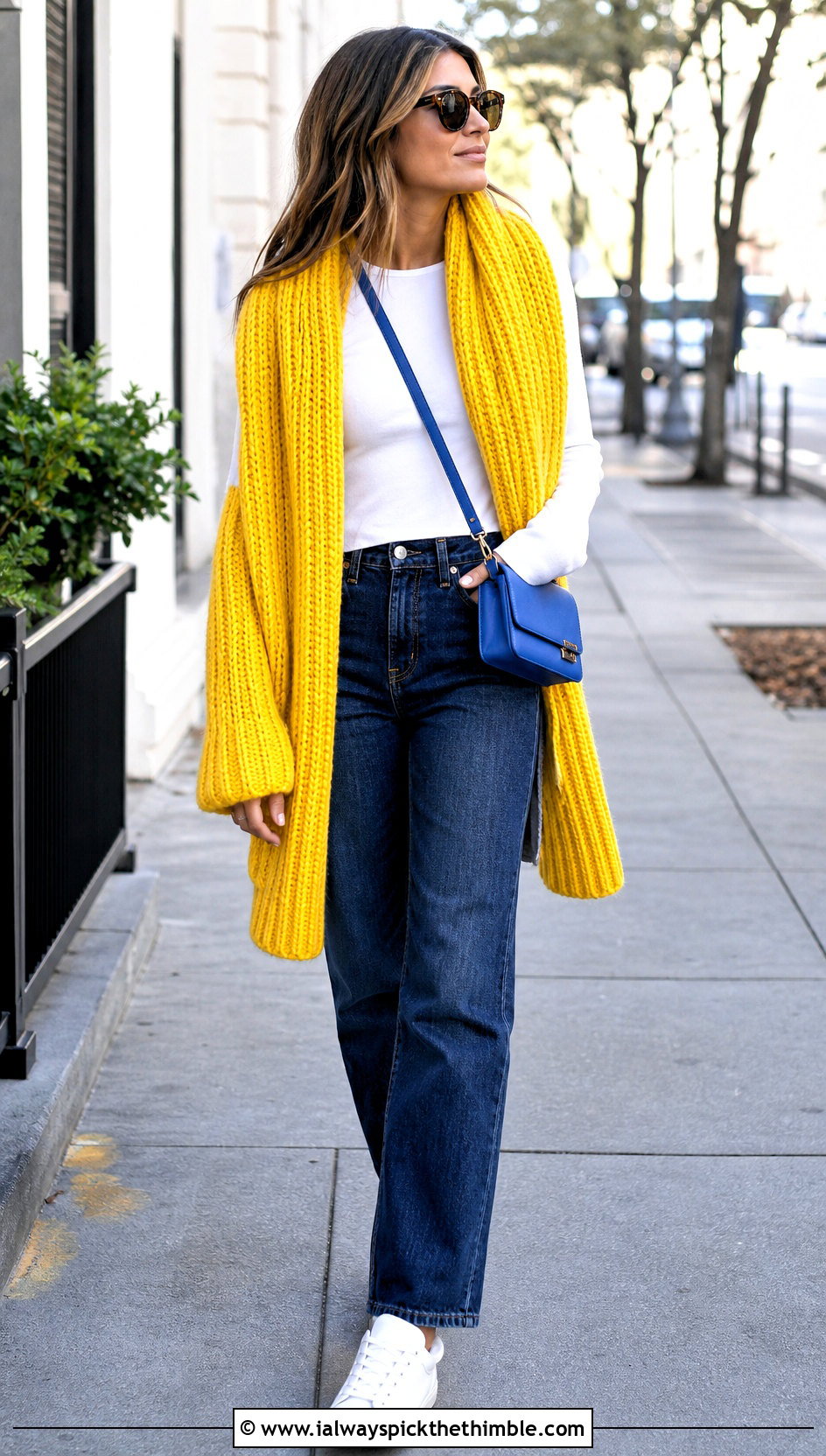 Oversized Ribbed Sleeve Scarf With Straight Leg Jeans - 20 crochet scarf with arms outfit ideas