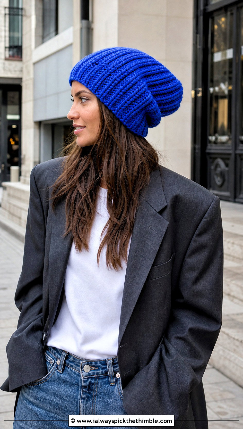 Oversized Ribbed Slouch Crochet Beanie With Blazer And Jeans - 15 Oversized Crochet Beanie outfit ideas