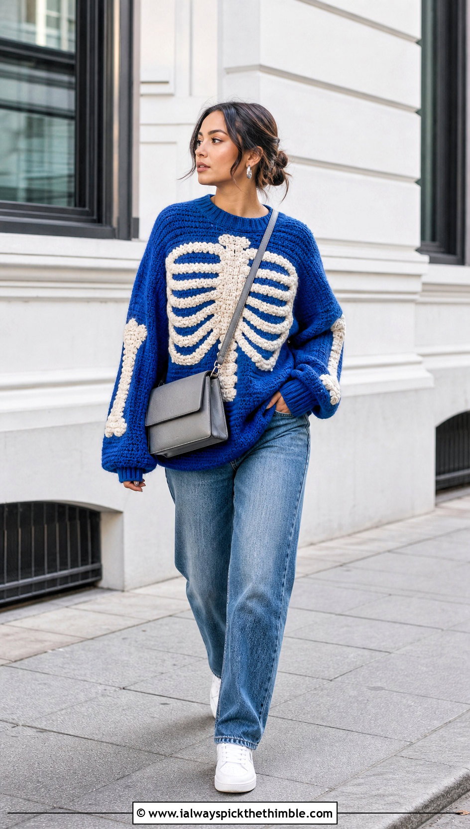 Oversized Ribcage Crochet Skeleton Sweater With Straight Leg Jeans - 20 Crochet Skeleton Sweater outfit ideas