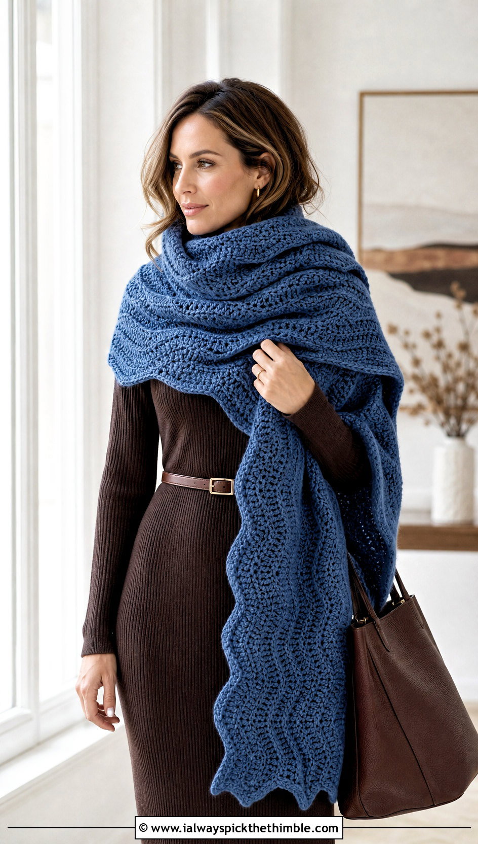 Oversized Ripple Crochet Wrap Scarf With Knit Dress - 20 Crochet Zig Zag Scarf outfit ideas