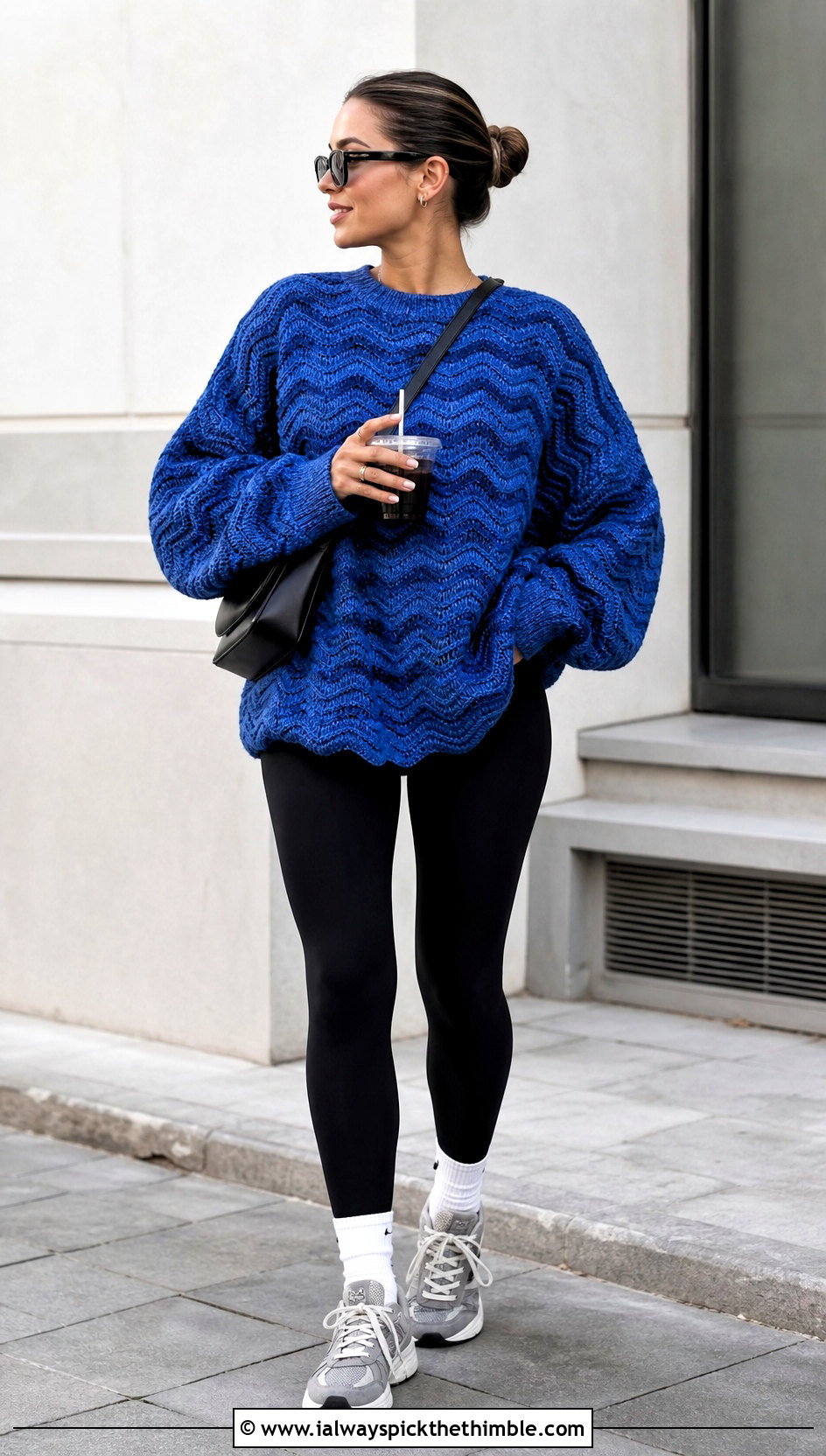 Oversized Ripple Sweater With Black Leggings - 20 crochet ripple sweater outfit ideas