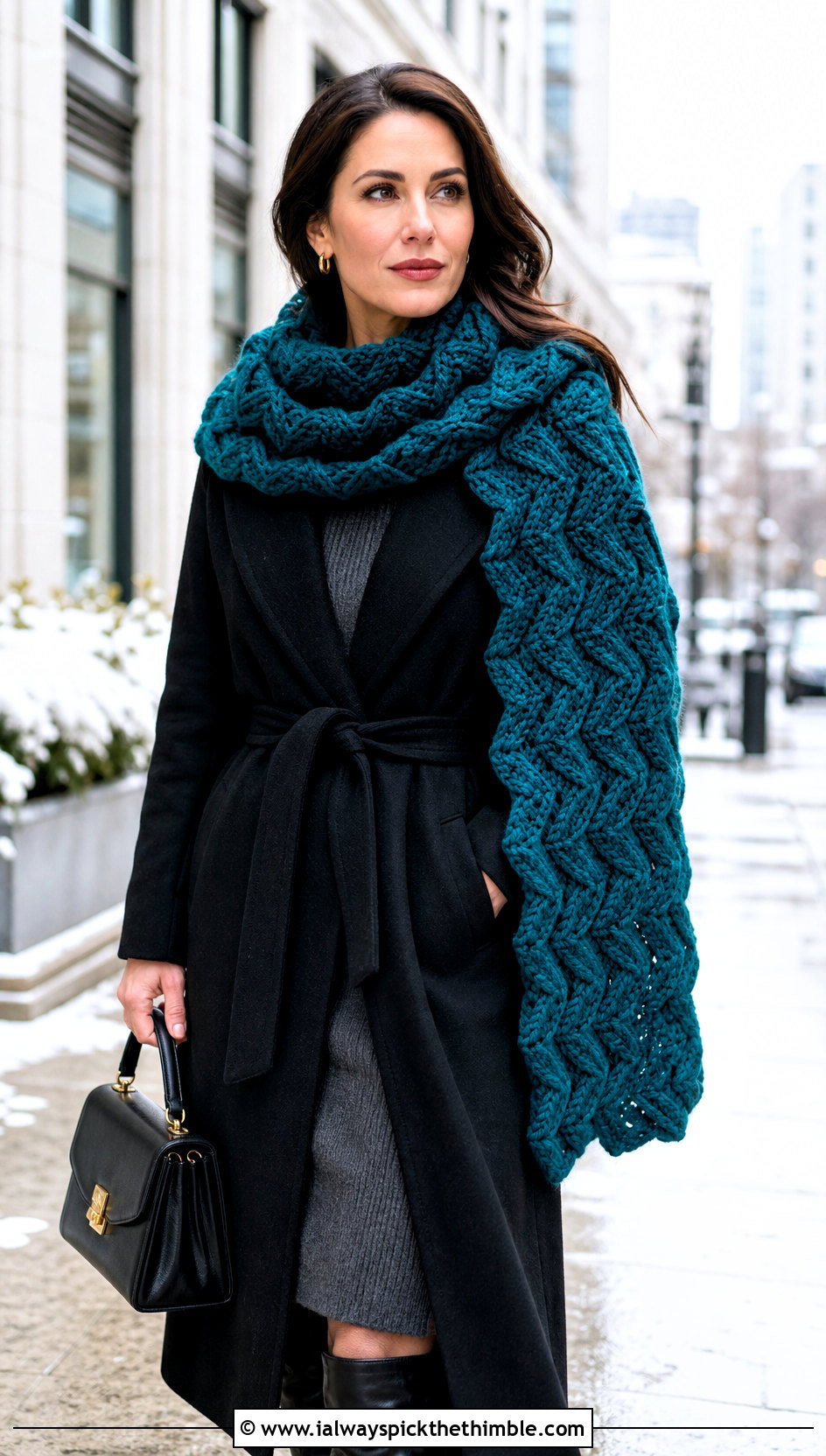 Oversized Ripple Zig Zag Crochet Scarf With Knit Midi Dress - 20 Zig Zag Crochet Scarf outfit ideas