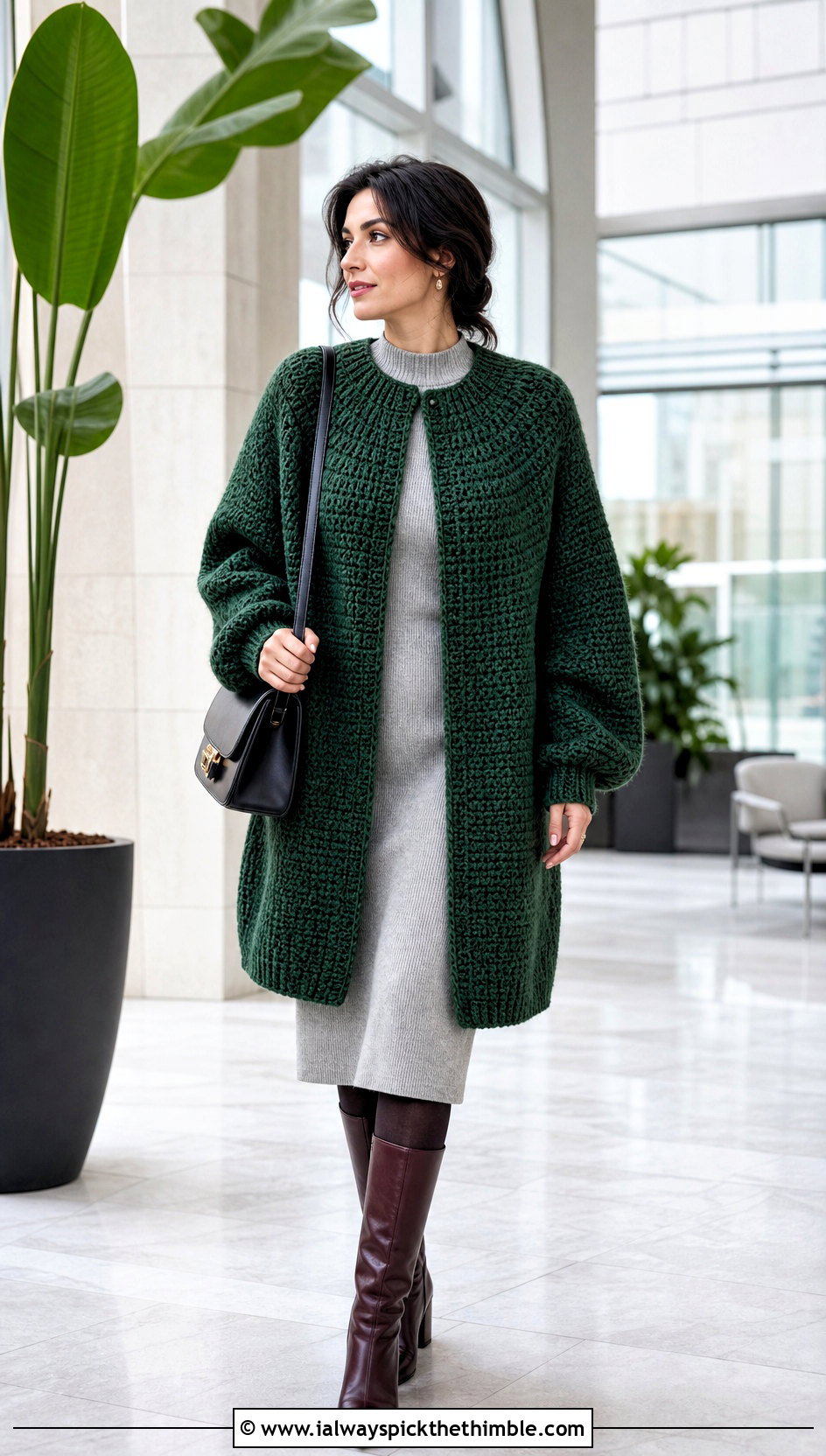 Oversized Round Yoke Crochet Seamless Cardigan With Knit Dress - 20 Crochet Seamless Cardigan outfit ideas