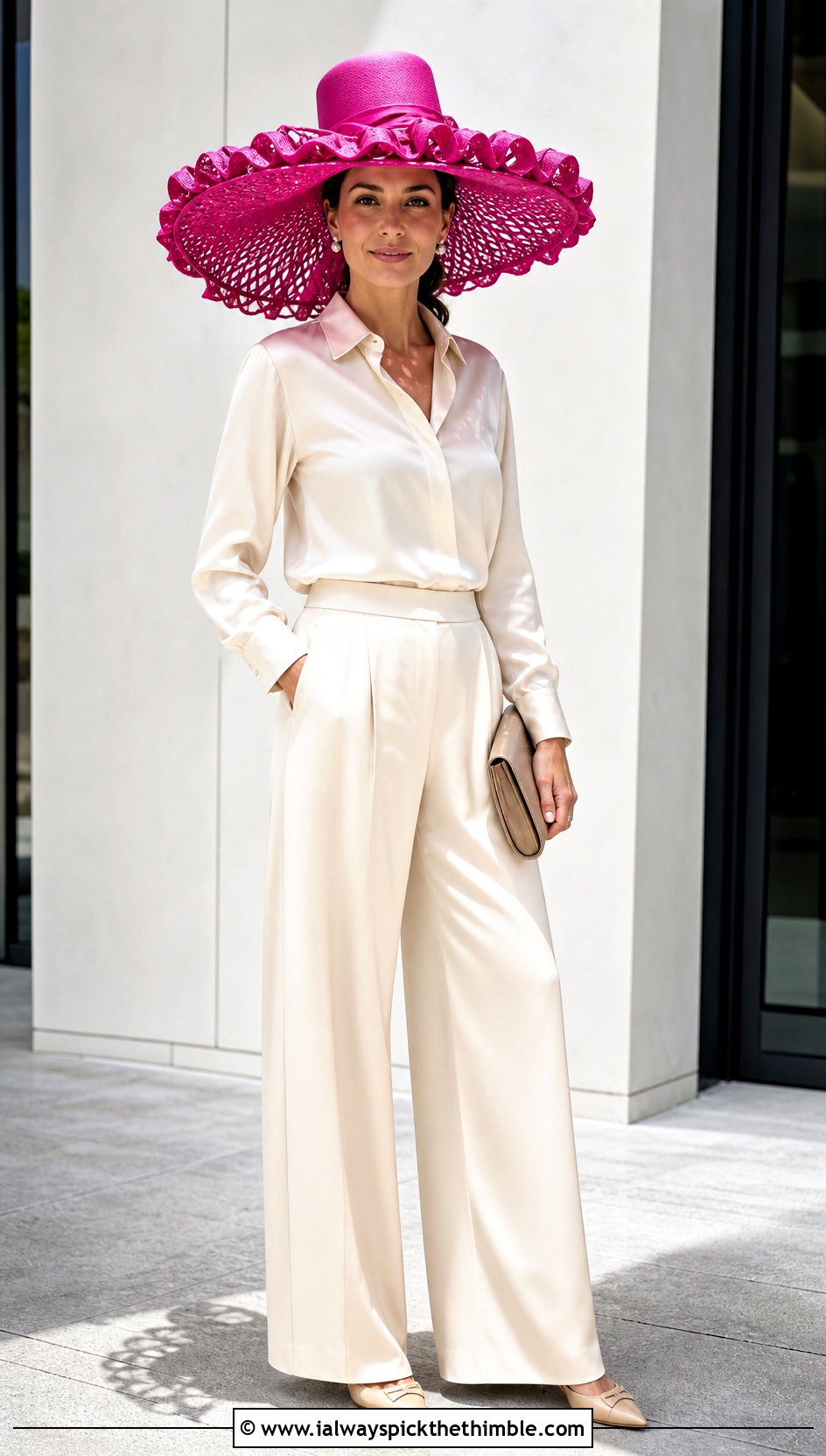 Oversized Ruffle Hat With Satin Blouse And Wide Leg Pants - 25 crochet ruffle hat outfit ideas