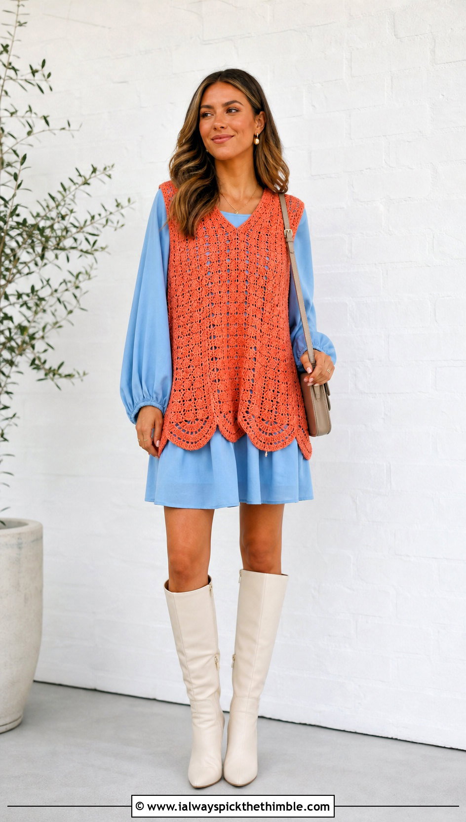 Oversized Scalloped Crochet Vest With Mini Dress - 20 oversize crochet vest outfit ideas
