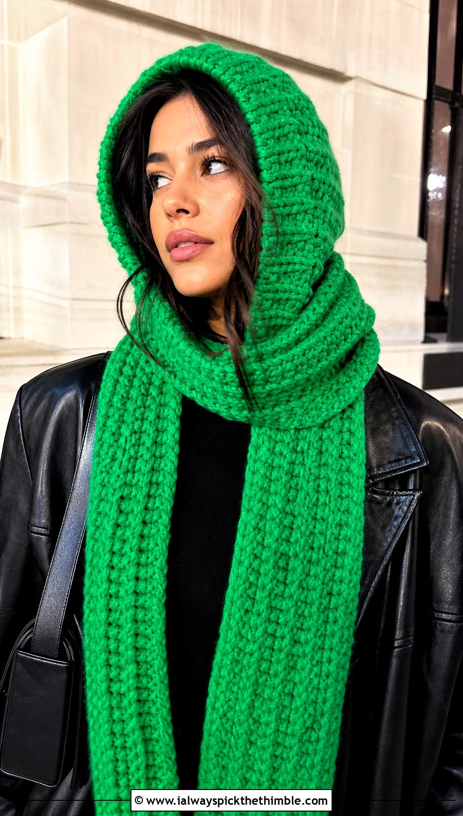 Oversized Scoodie With Leather Jacket - 20 crochet scarf with hood outfit ideas