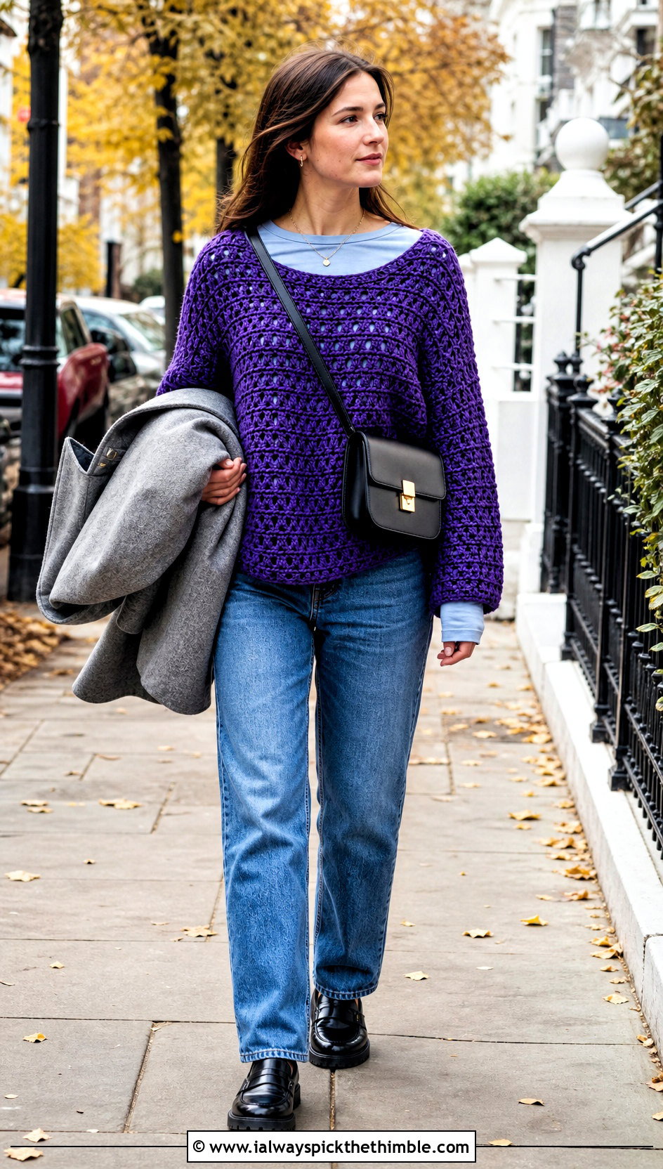 Oversized Scoop Neck Crochet Sweater With Straight Jeans - 15 Crochet Wide Neck Sweater outfit ideas