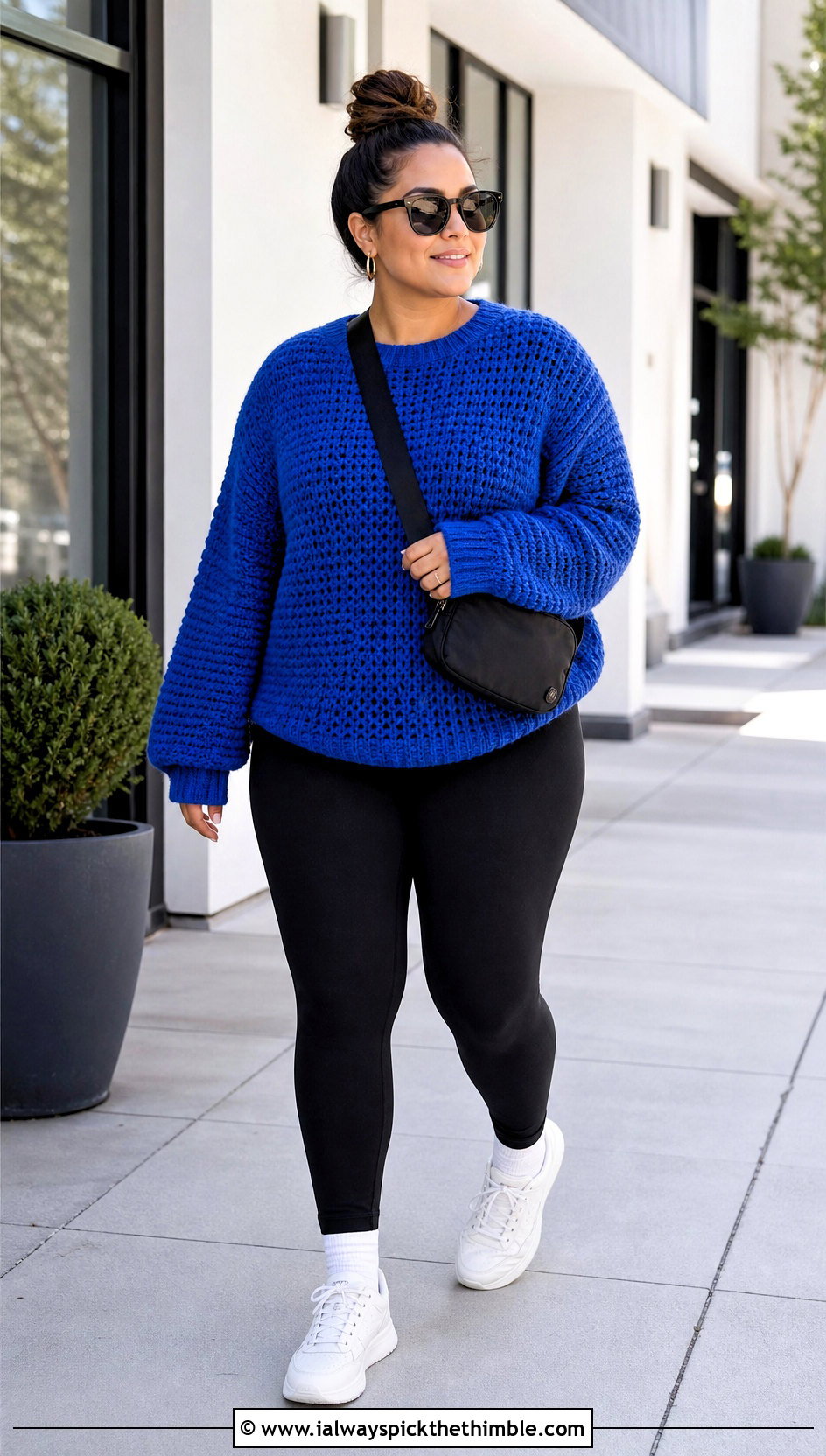 Oversized Seamless Crochet Sweater With Leggings And Sneakers - 20 Seamless Crochet Sweater outfit ideas