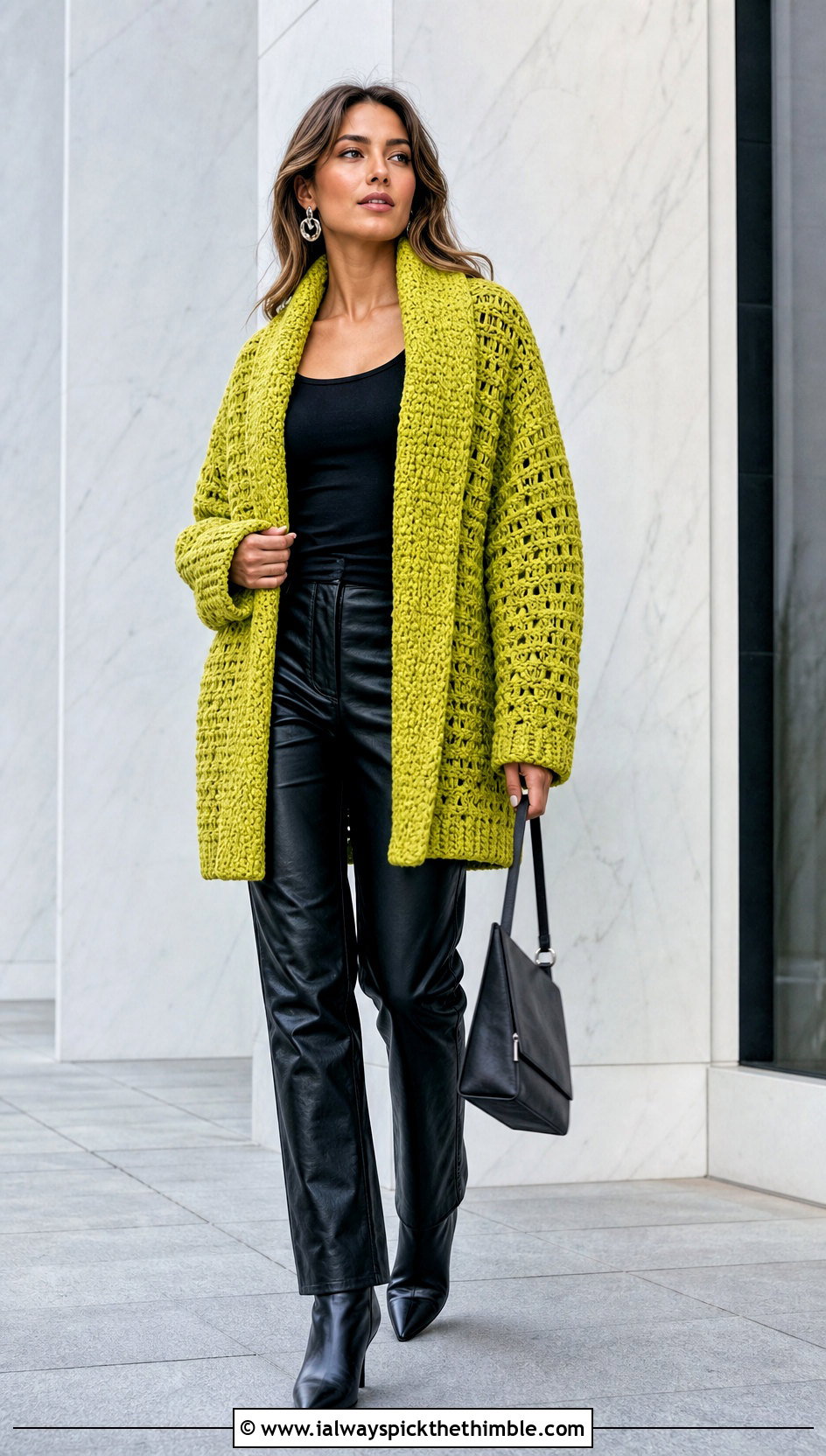 Oversized Shawl Collar Crochet Cardigan With Leather Pants - 20 oversized chunky crochet cardigan outfit ideas