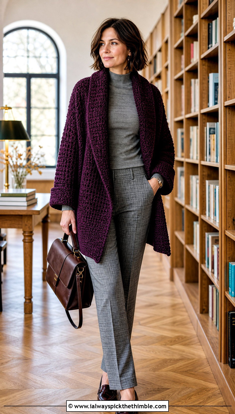 Oversized Shawl Collar Crochet Cardigan With Plaid Trousers - 25 oversized crochet cardigan outfit ideas