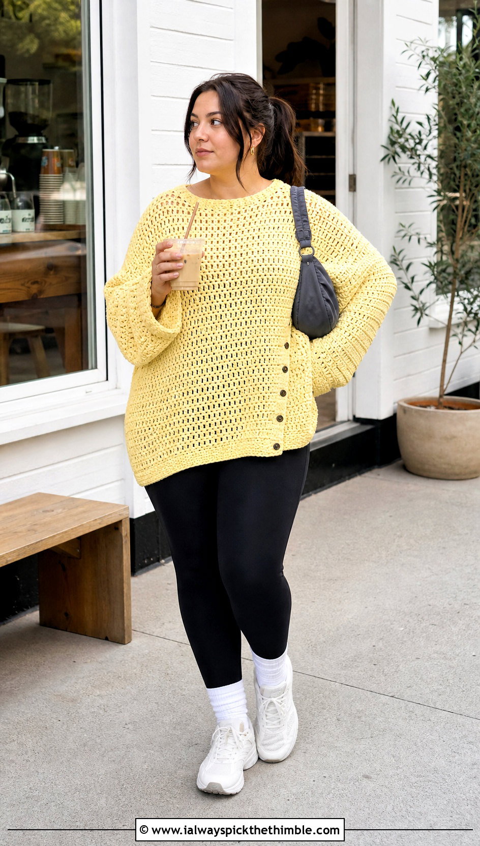Oversized Side Button Azel Crochet Pullover With Black Leggings - 20 azel crochet pullover outfit ideas