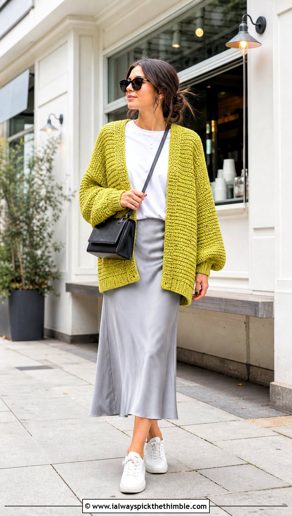 Oversized Side To Side Crochet Cardigan With Satin Slip Skirt - 20 Side To Side Crochet Cardigan outfit ideas