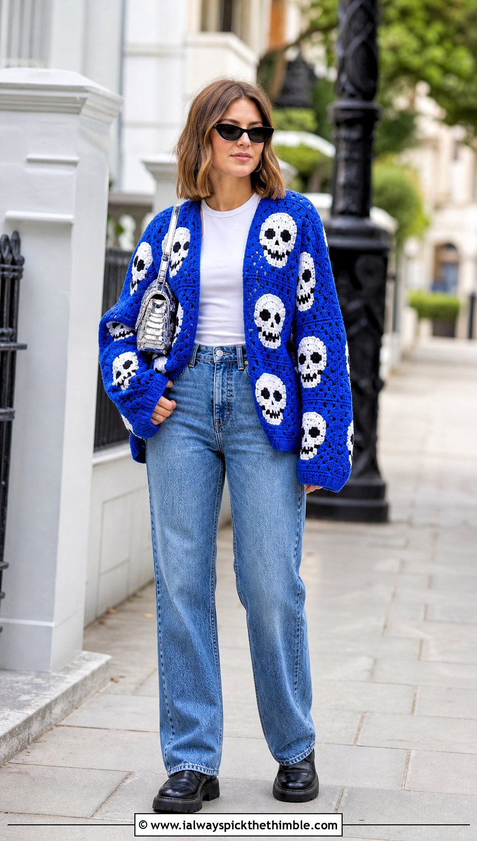 Oversized Skull Granny Square Cardigan With Straight Leg Jeans - 20 skull granny square cardigan outfit ideas