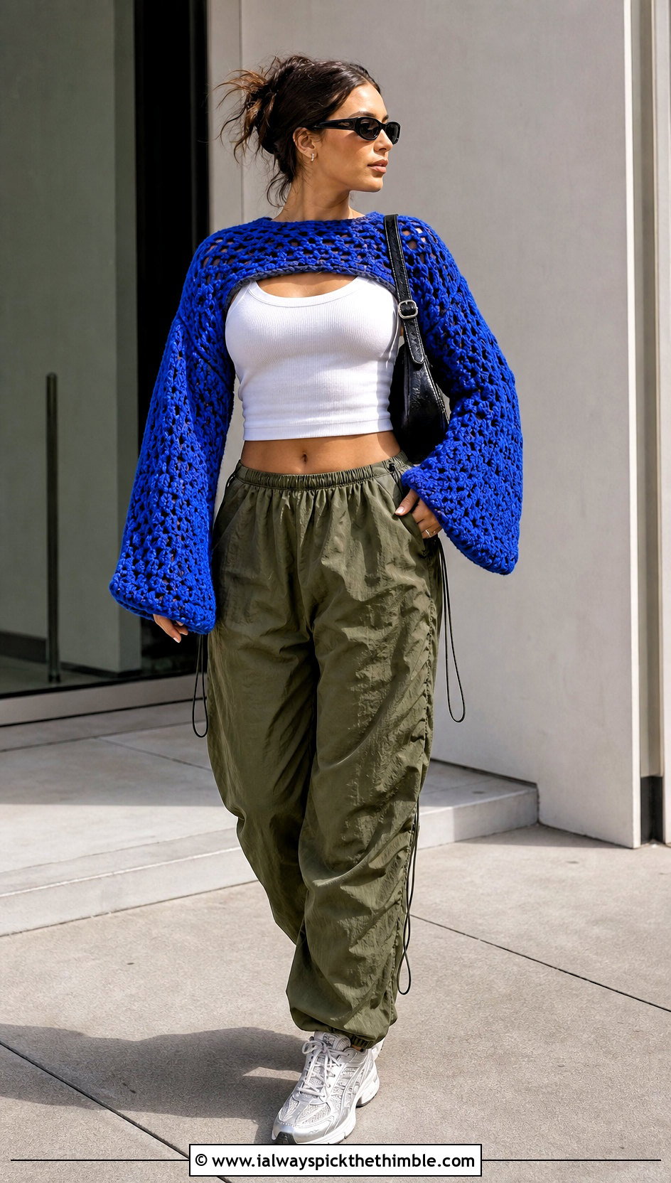 Oversized Sleeve Crochet Bolero With Parachute Pants - 20 Crochet Bolero Sweater outfit ideas