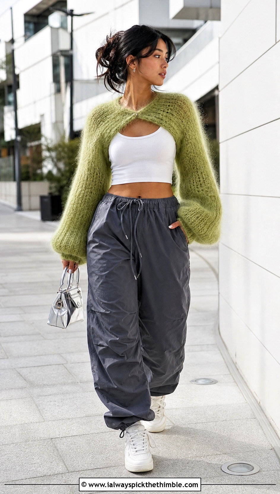 Oversized Sleeve Crochet Mohair Bolero With Parachute Pants - 20 crochet mohair bolero outfit ideas