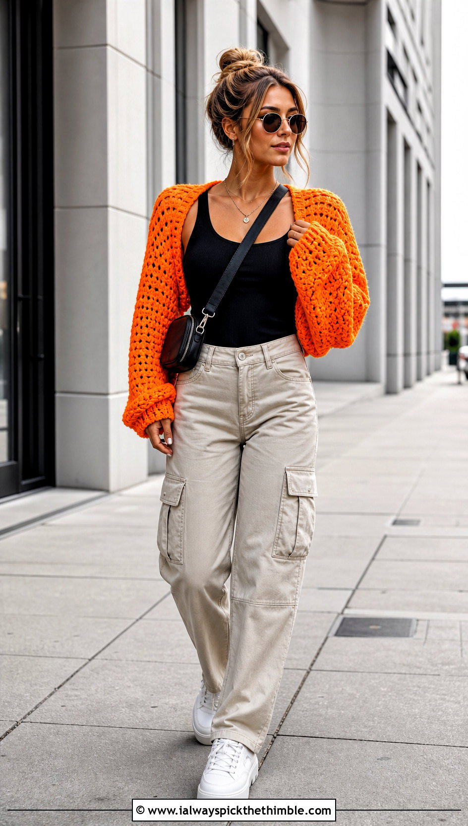 Oversized Sleeve Crochet Shrug With Cargo Pants - 20 cute crochet shrug outfit ideas