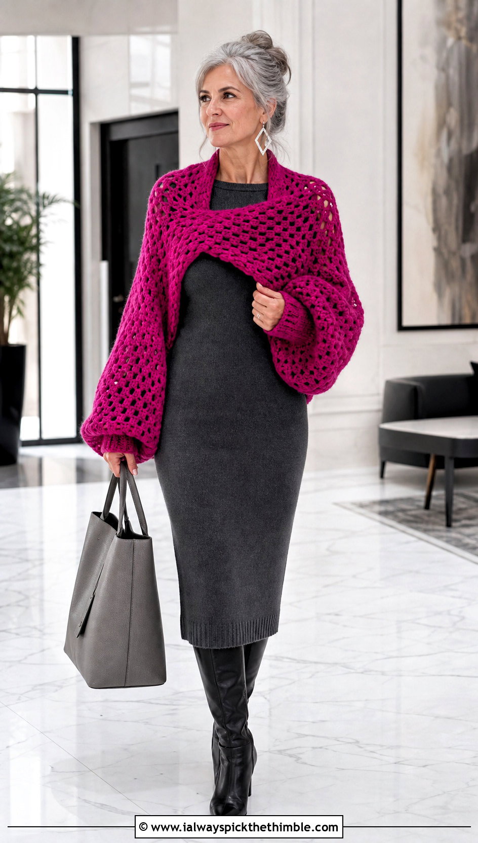 Oversized Sleeve Crochet Wrap Around Shrug With Knit Dress - 20 Crochet Wrap Around Shrug outfit ideas
