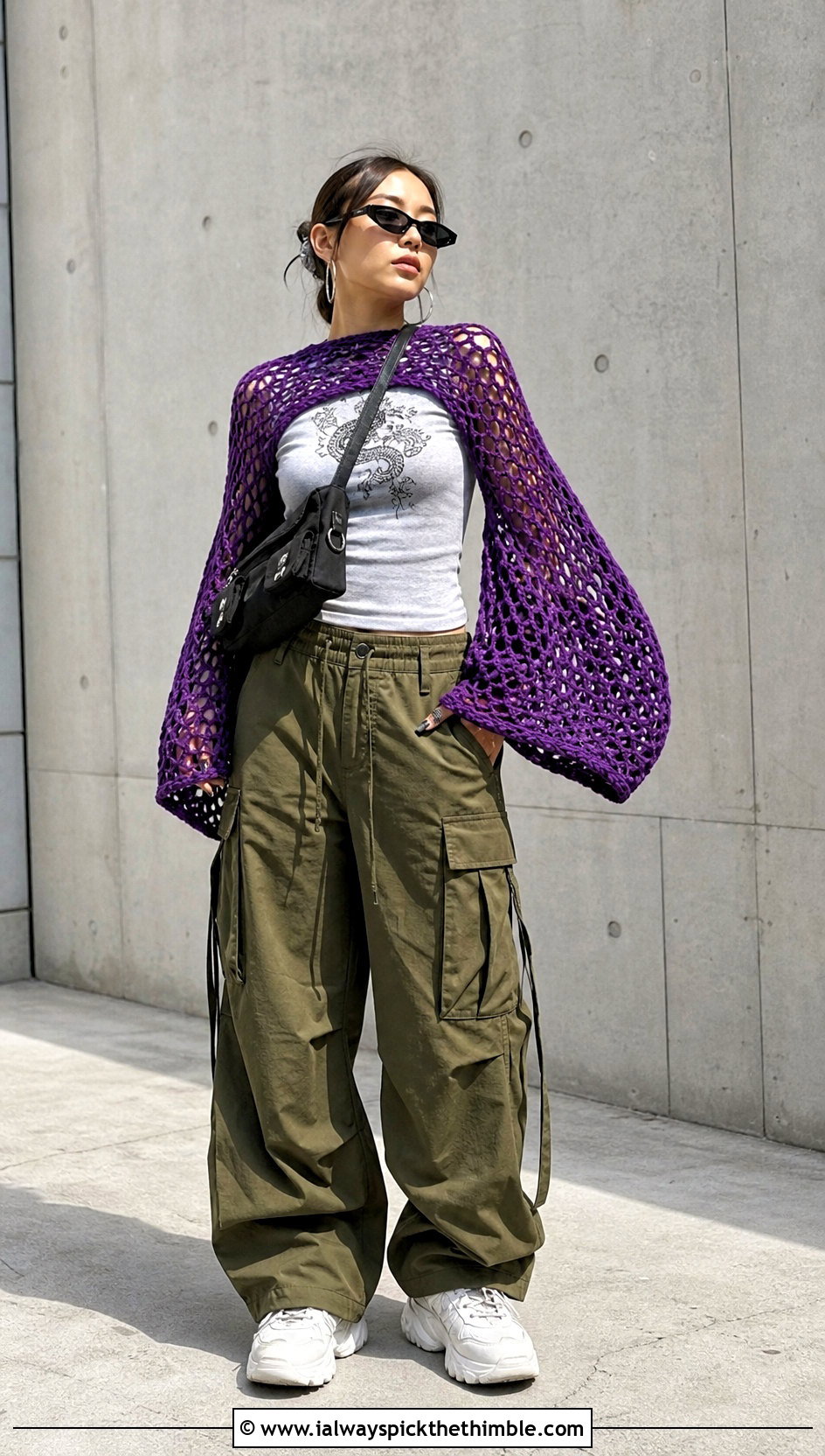 Oversized Sleeve Fishnet Crochet Bolero With Cargo Pants - 20 Fishnet Crochet Bolero outfit ideas