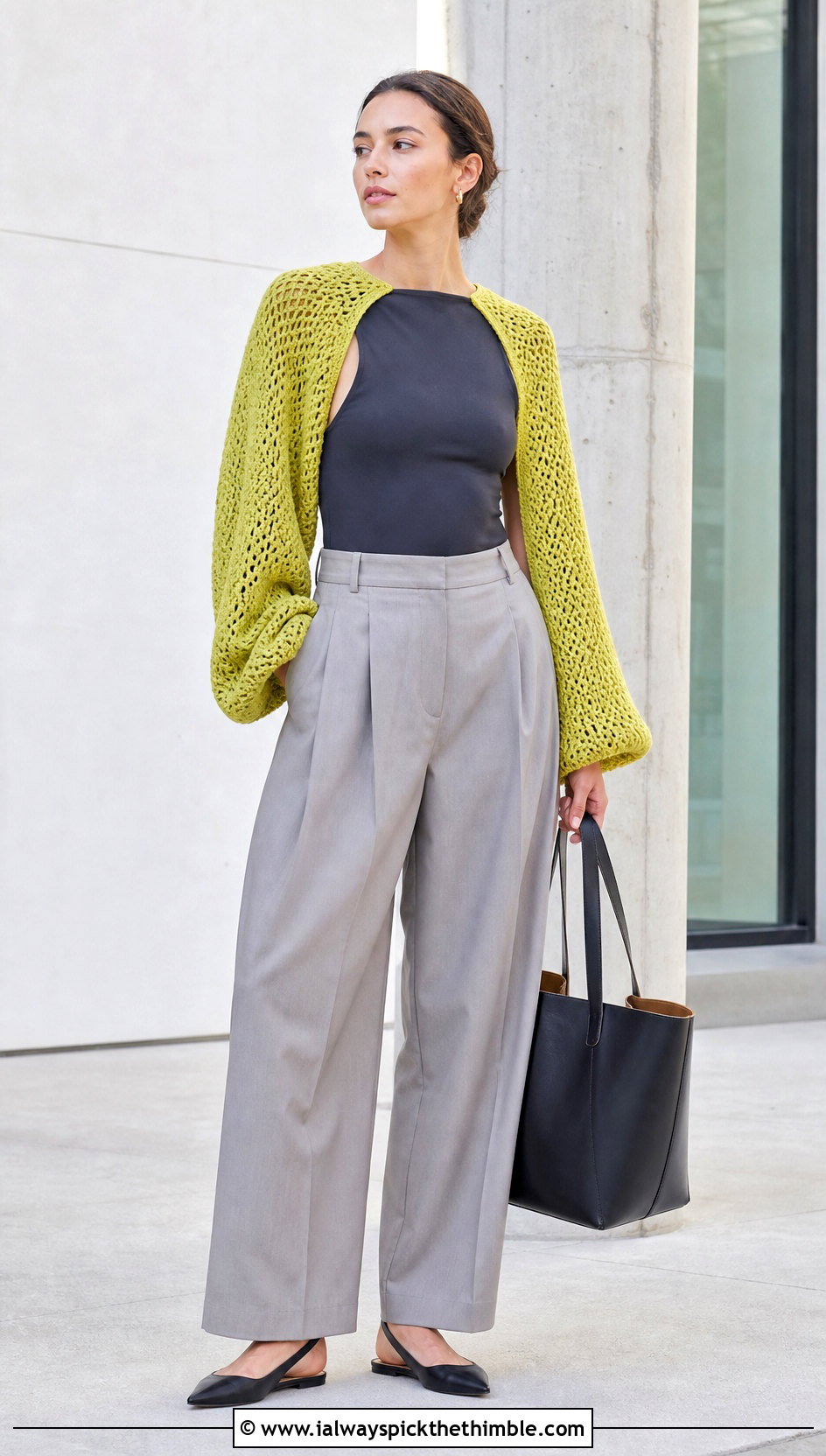 Oversized Sleeve Silva Crochet Shrug With Tailored Trousers - 15 silva crochet shrug outfit ideas