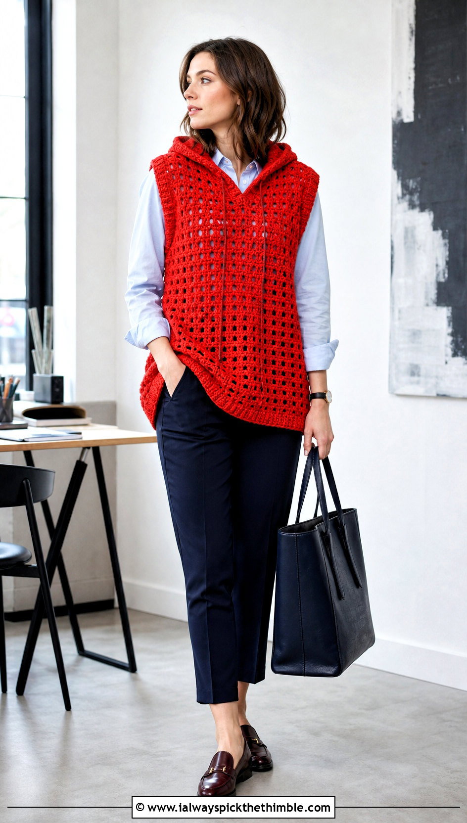 Oversized Sleeveless Crochet Hoodie With Button Down Shirt - 20 oversized crochet hoodie outfit ideas