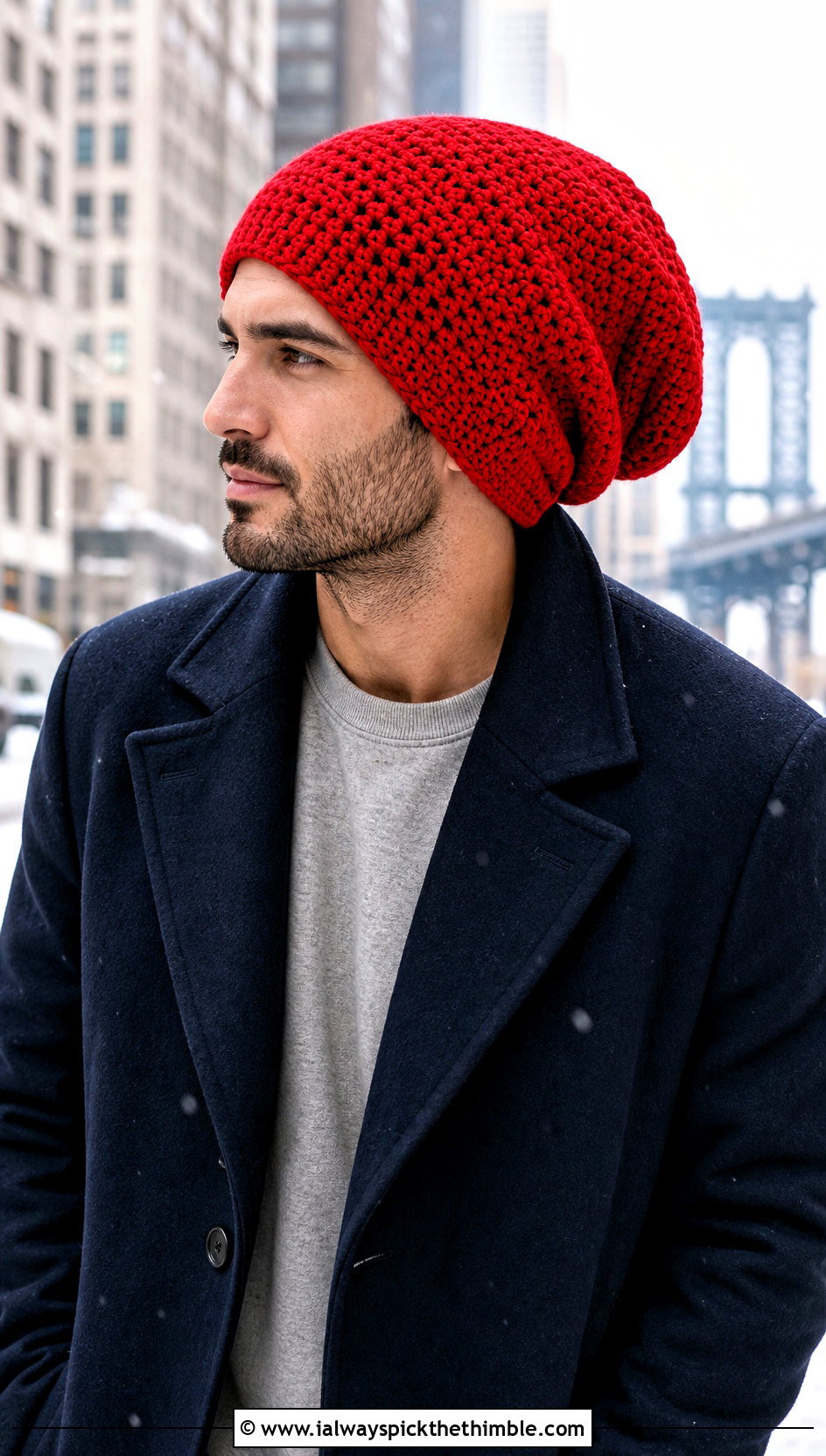 Oversized Slouch Crochet Beanie With Long Coat - 20 Mens Slouch Crochet Beanie outfit ideas
