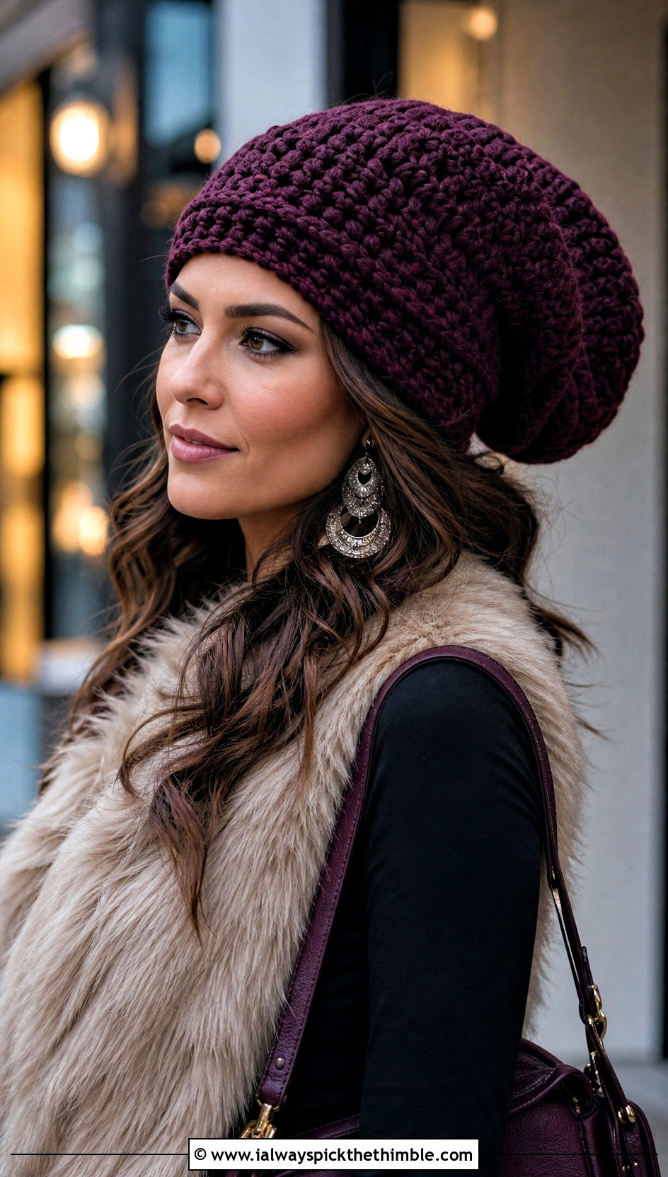 Oversized Slouchy Crochet Beanie With Faux Fur Vest - 25 slouchy crochet beanie outfit ideas