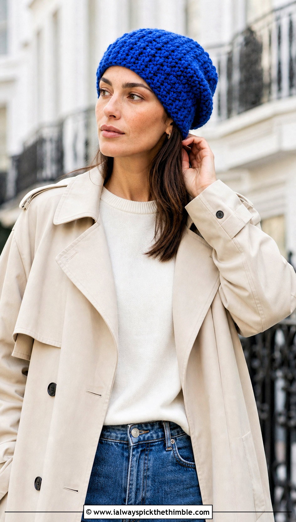 Oversized Slouchy Crochet Beanie With Trench Coat And Jeans - 15 large crochet beanie outfit ideas