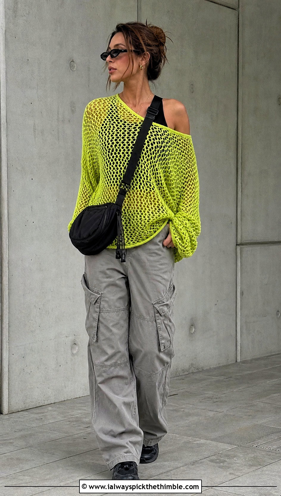 Oversized Slouchy Mesh Off Shoulder Top With Cargo Pants - 20 crochet mesh off shoulder top outfit ideas