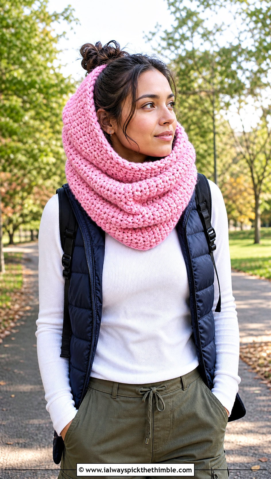 Oversized Snood Crochet Cowl Hood With Puffer Vest - 20 crochet cowl hood outfit ideas