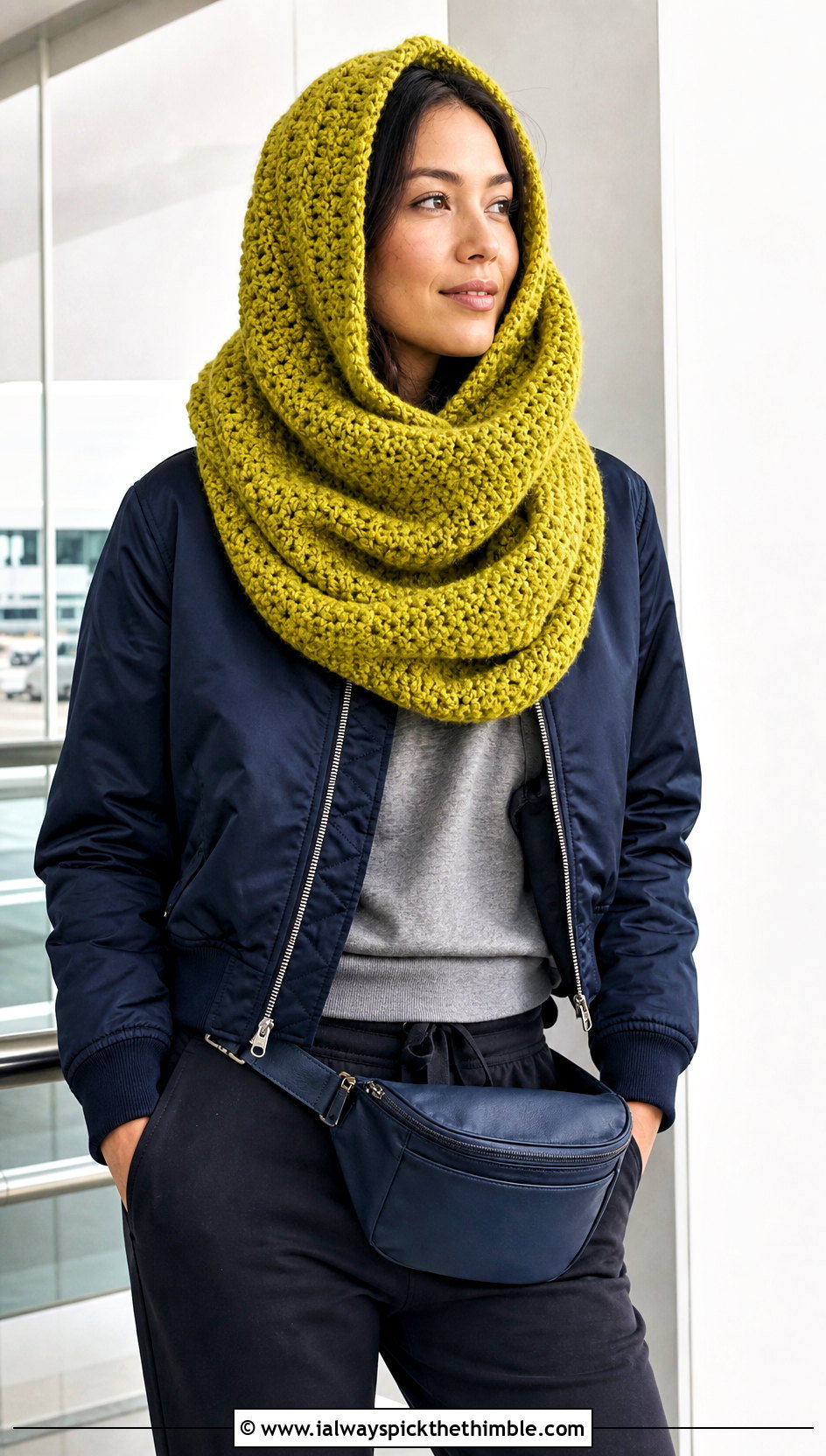 Oversized Snood Crochet Hooded Cowl With Bomber Jacket - 20 easy crochet hooded cowl outfit ideas