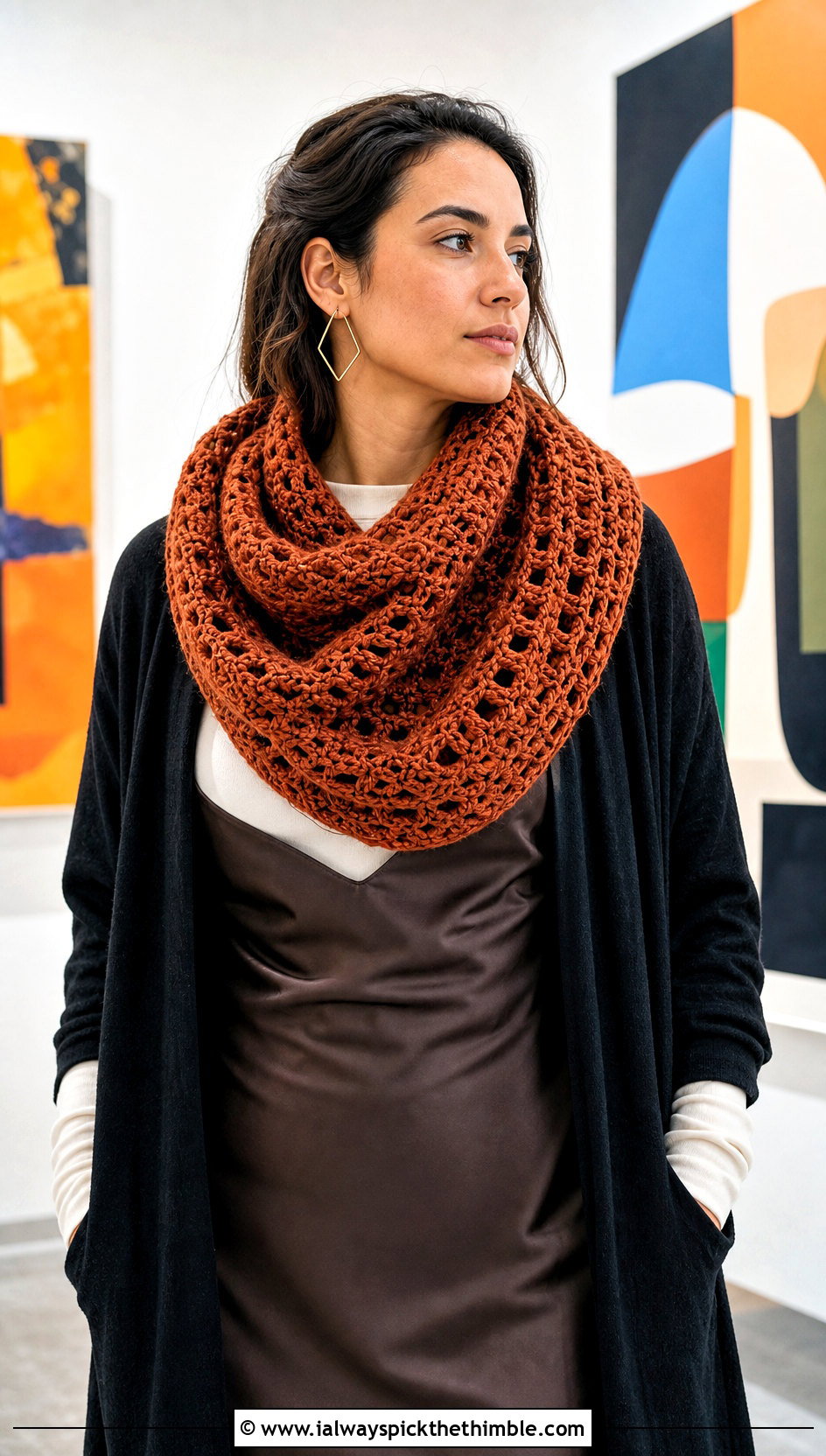 Oversized Snood Crochet Turtleneck Cowl With Slip Dress - 20 Crochet Turtleneck Cowl outfit ideas