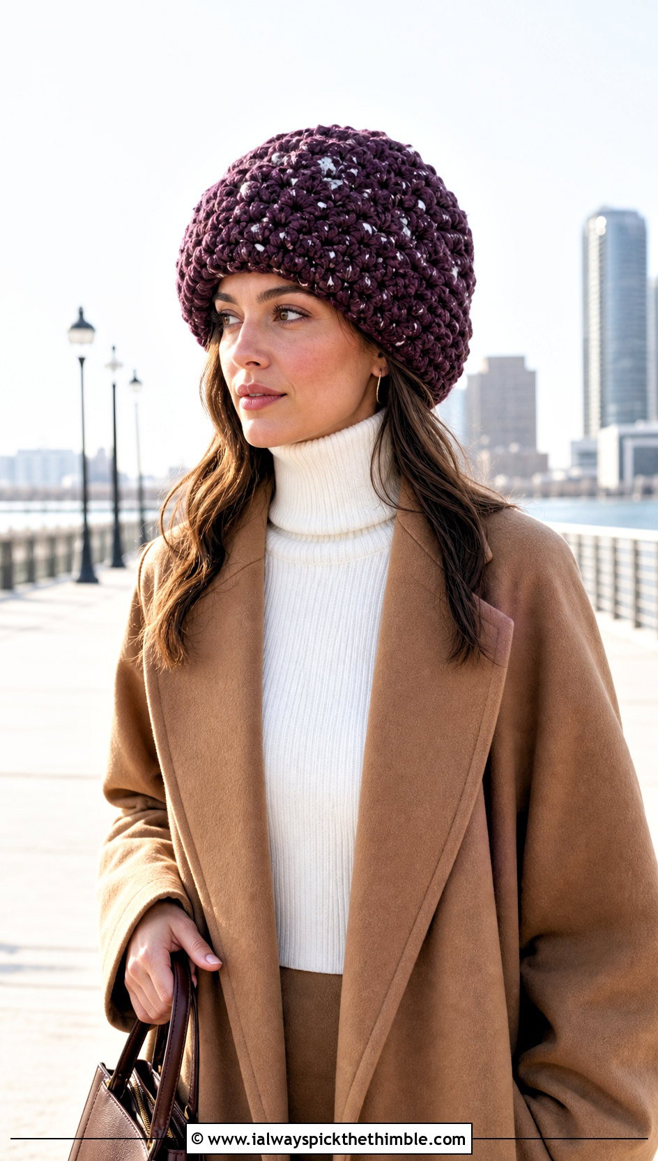 Oversized Snowy Puff Crochet Hat With Maxi Coat - 15 snowy puff crochet hat outfit ideas