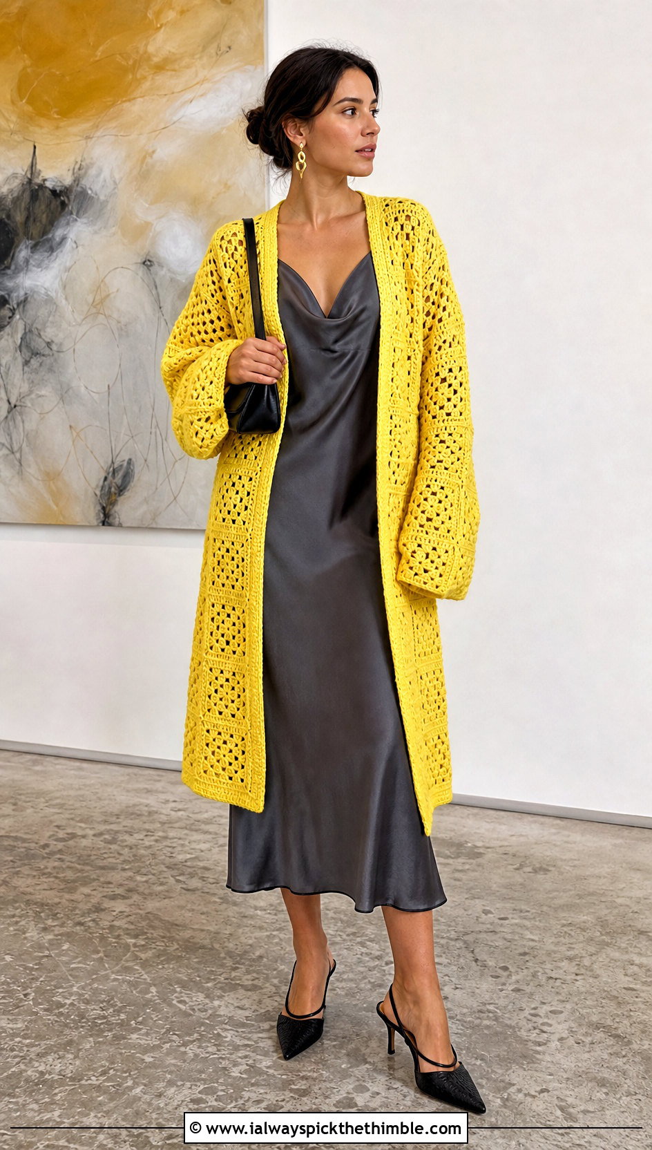 Oversized Solid Granny Square Cardigan With Slip Dress - 20 Crochet Solid Granny Square Cardigan outfit ideas
