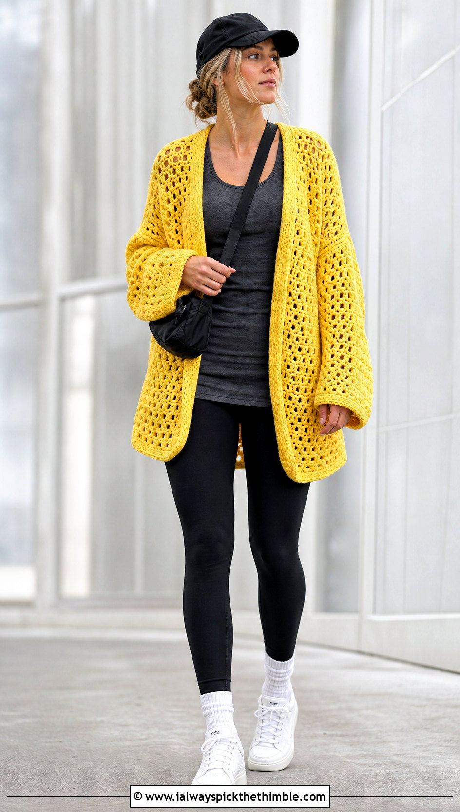 Oversized Solid Hexagon Cardigan With Leggings - 20 crochet solid hexagon cardigan outfit ideas