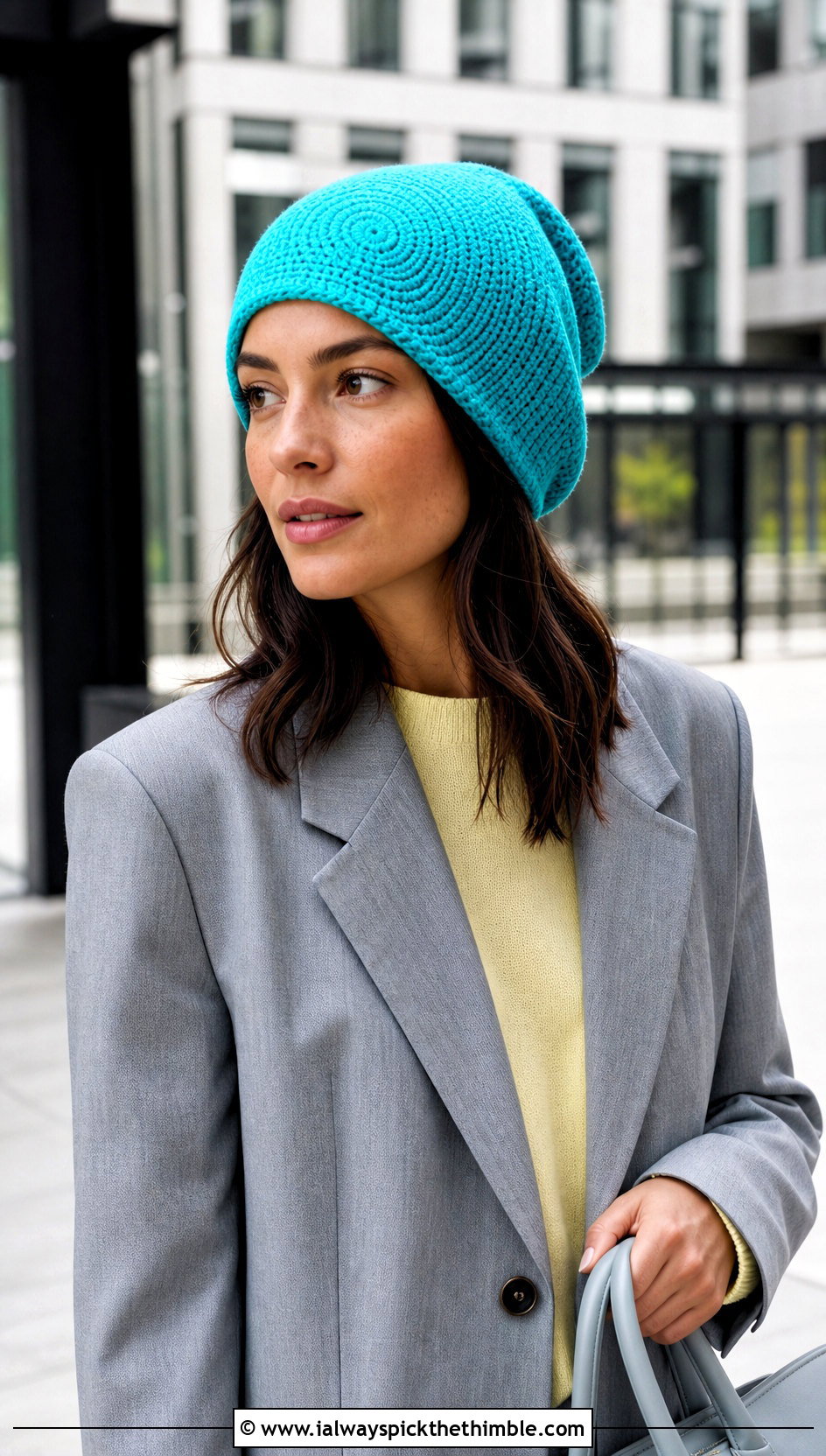 Oversized Spiral Stitch Crochet Beanie With Suit And Sneakers - 15 Oversized Crochet Beanie outfit ideas