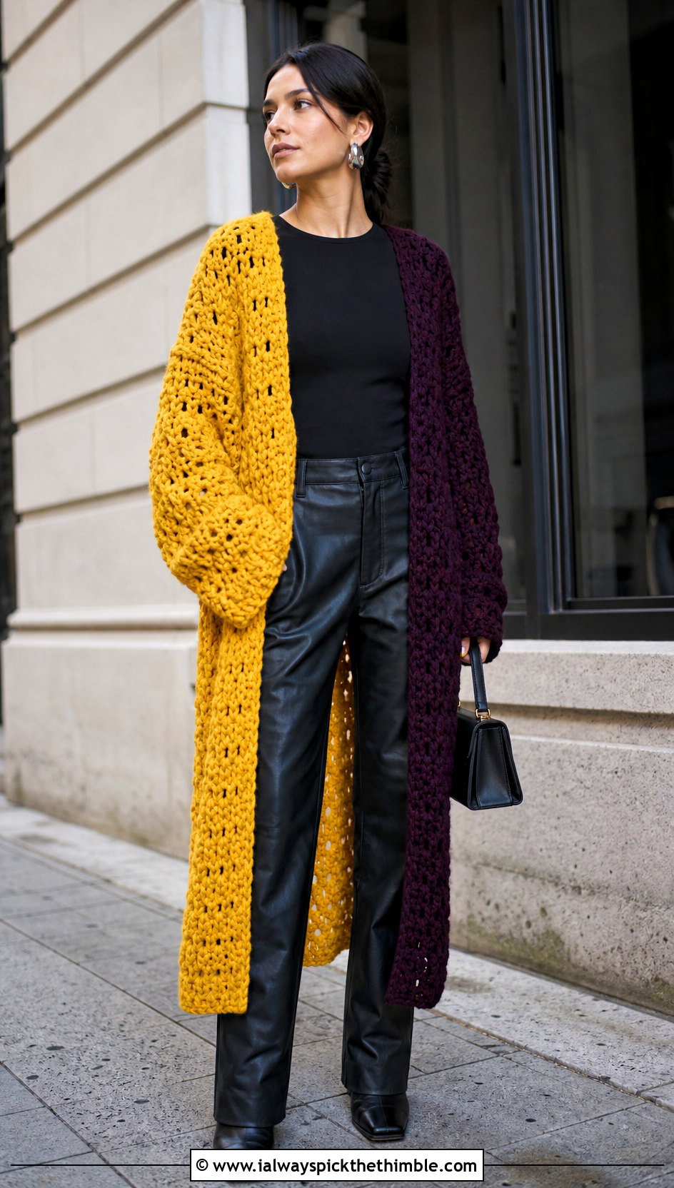 Oversized Split Color Crochet Cardigan With Leather Pants - 15 Split Color Crochet Cardigan outfit ideas