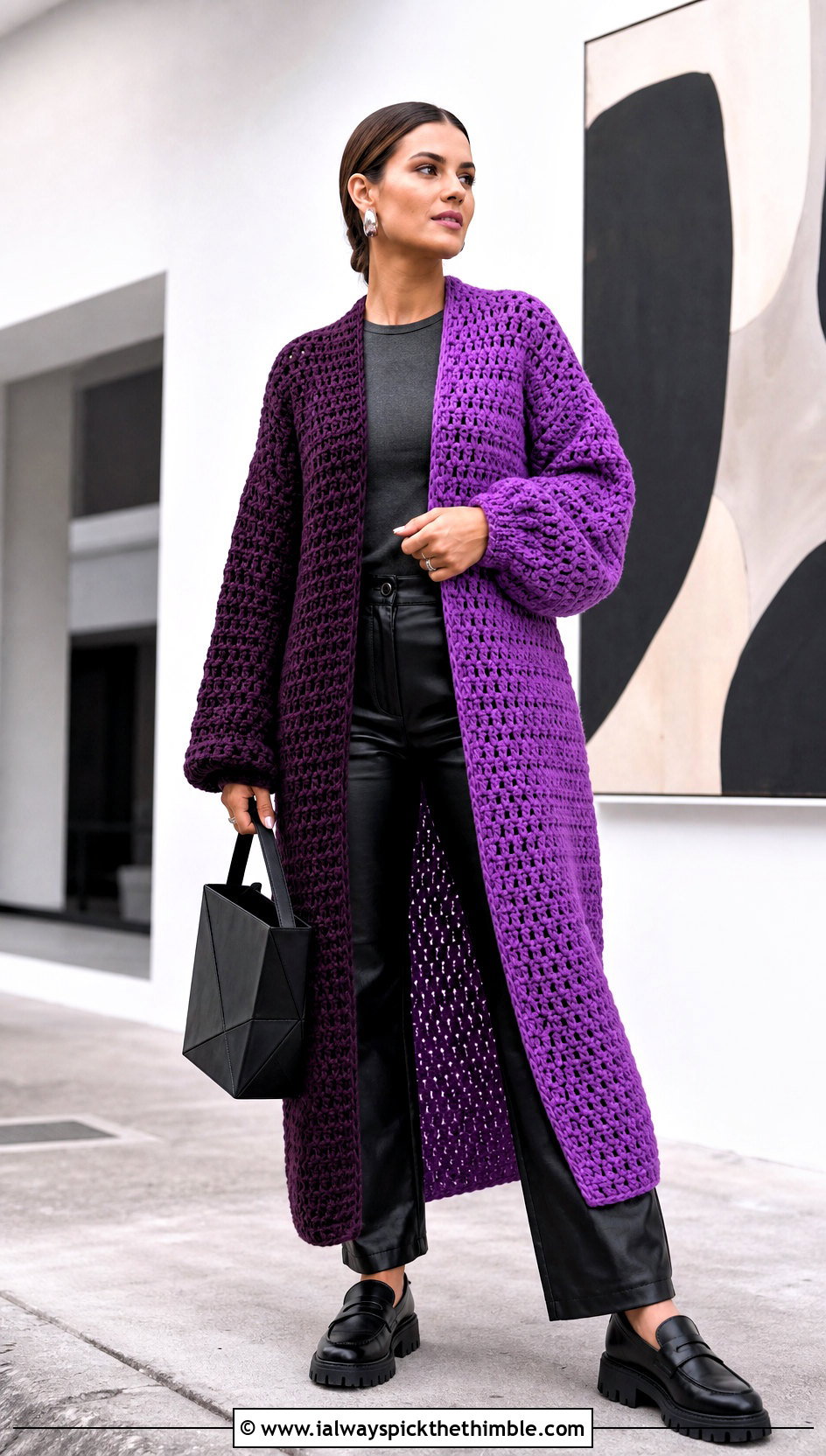 Oversized Split Panel Crochet Cardigan With Leather Pants - 20 Half And Half Crochet Cardigan outfit ideas