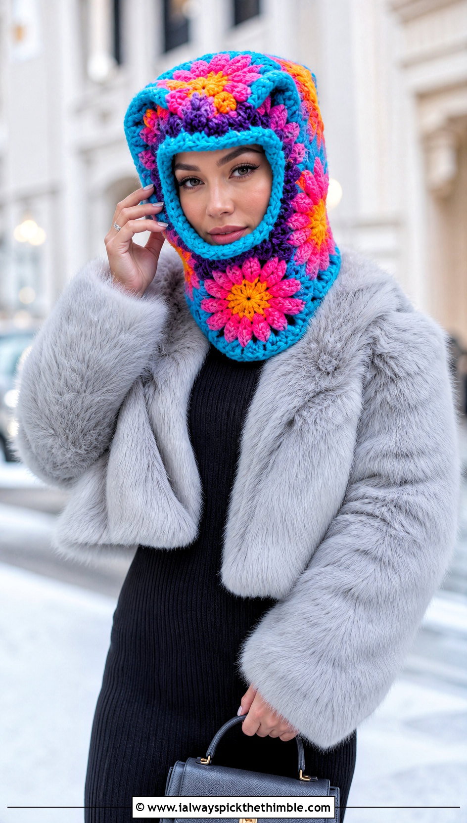 Oversized Square Balaclava With Faux Fur Coat And Knit Dress - 25 granny square balaclava outfit ideas