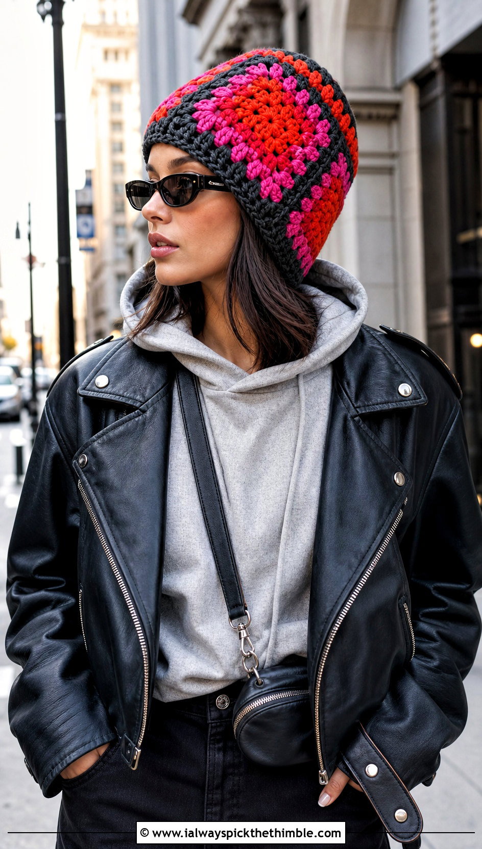 Oversized Square Crochet Beanie With Hoodie And Biker Jacket - 20 granny square crochet beanie outfit ideas