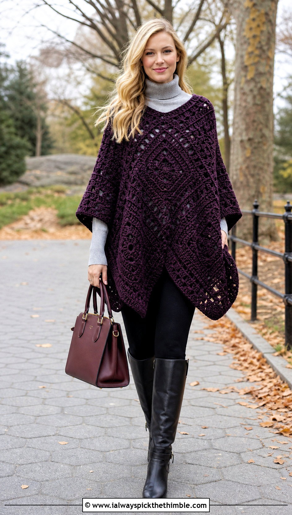 Oversized Square Poncho With Leggings And Riding Boots - 20 crochet square poncho outfit ideas