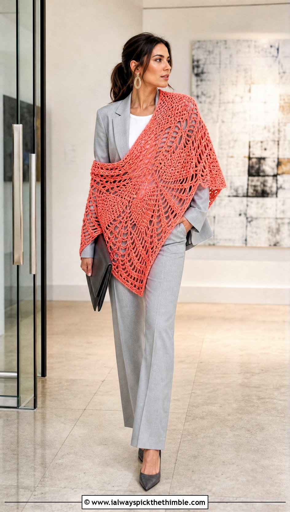 Oversized Square Spiderweb Crochet Shawl With Pantsuit - 20 spiderweb crochet shawl outfit ideas