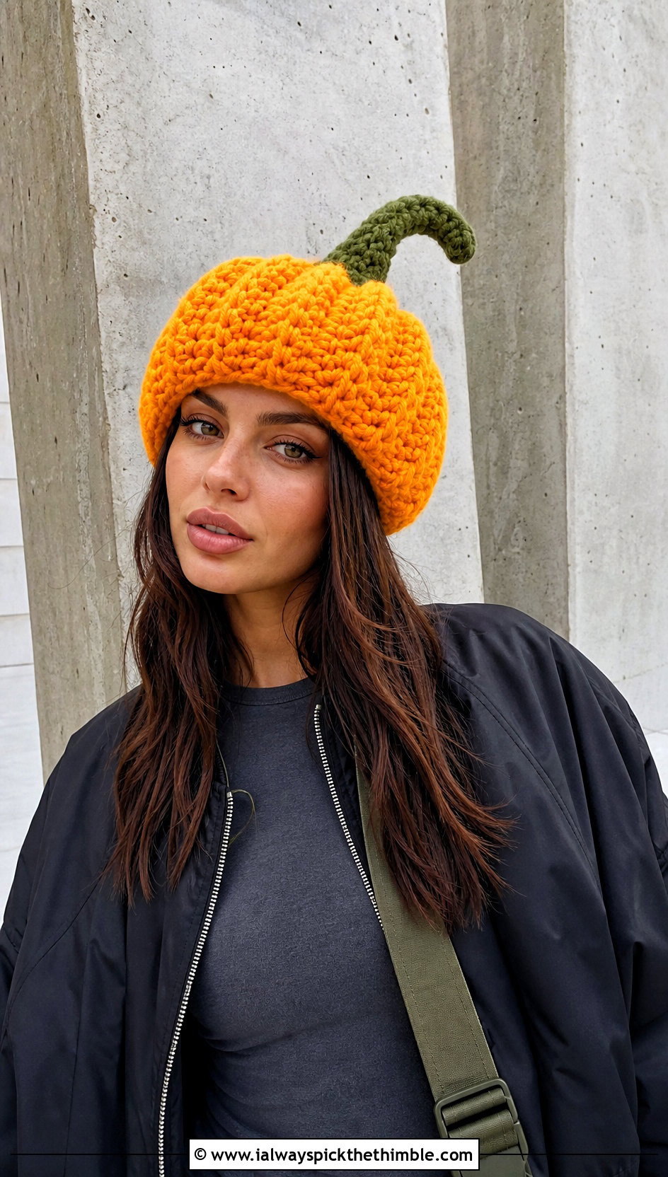 Oversized Stem Crochet Pumpkin Beanie With Streetwear Outfit - 20 crochet pumpkin beanie outfit ideas
