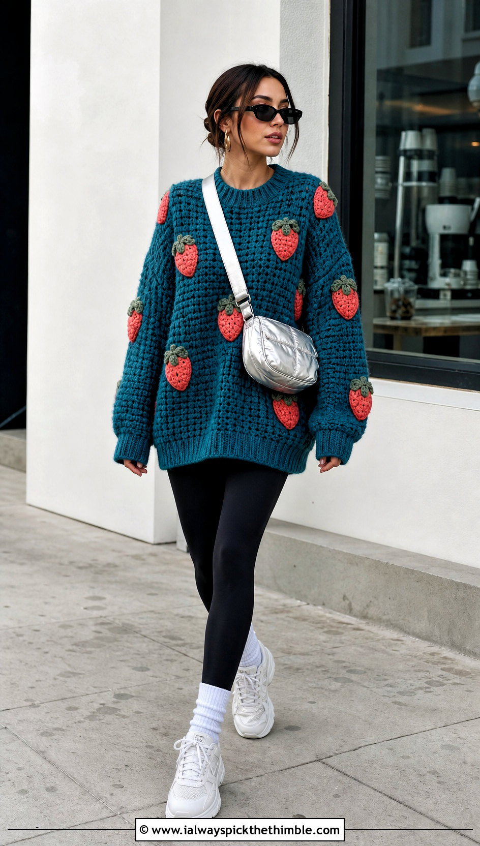 Oversized Strawberry Crochet Sweater With Black Leggings - 15 Strawberry Crochet Sweater outfit ideas