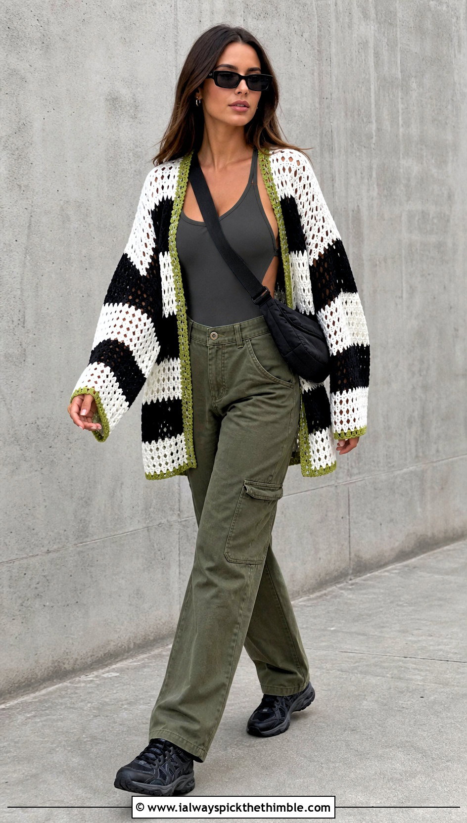 Oversized Striped Black White Crochet Cardigan With Cargo Pants - 20 Black White Crochet Cardigan outfit ideas