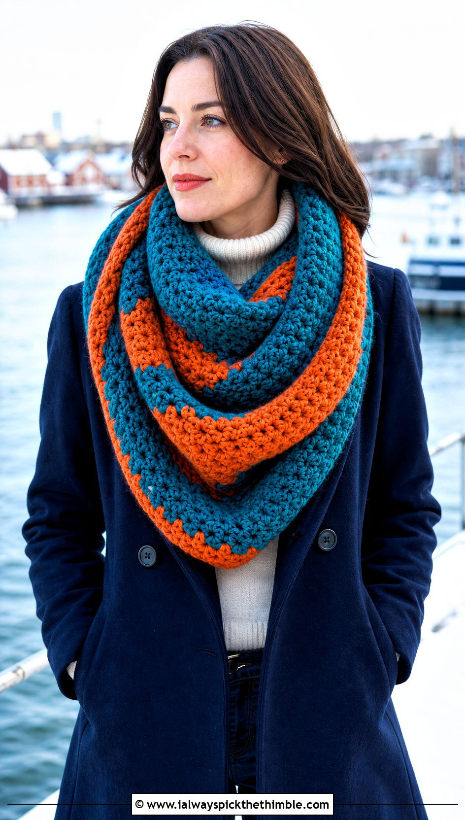 Oversized Striped Crochet Cowl Scarf With Peacoat - 15 Striped Crochet Infinity Scarf outfit ideas