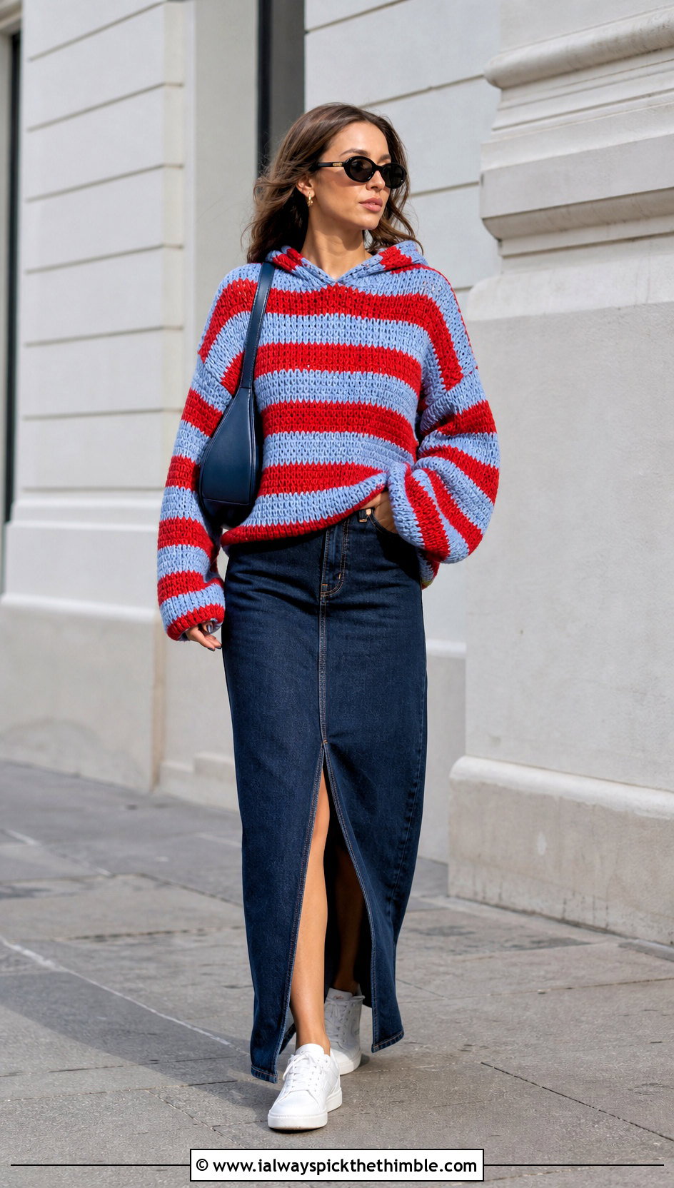 Oversized Striped Crochet Hoodie With Denim Maxi Skirt - 20 oversized crochet hoodie outfit ideas