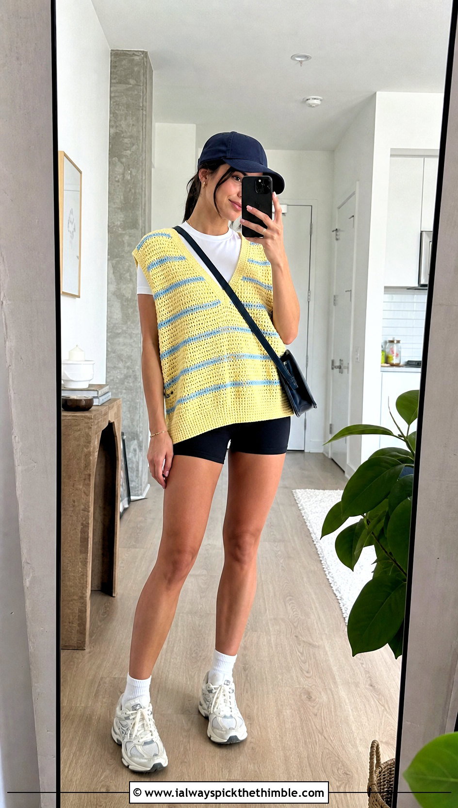 Oversized Striped Crochet V Neck Sweater Vest With Bike Shorts - 20 crochet v neck sweater vest outfit ideas