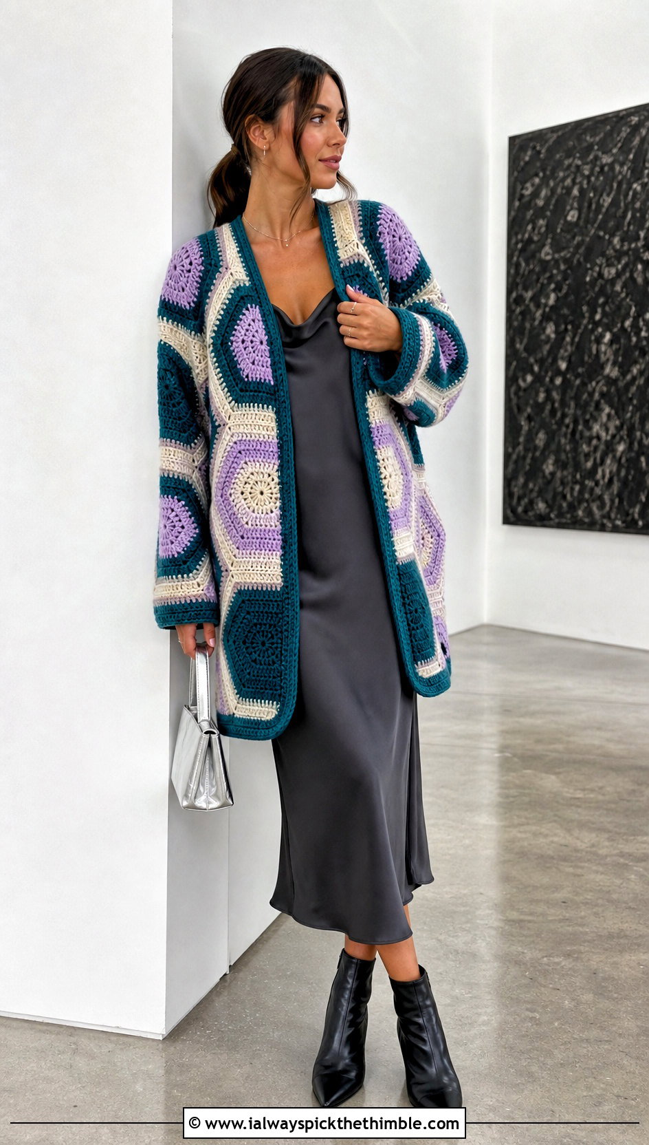 Oversized Striped Hexagon Cardigan With Satin Slip Dress - 25 crochet hexagon sweater outfit ideas